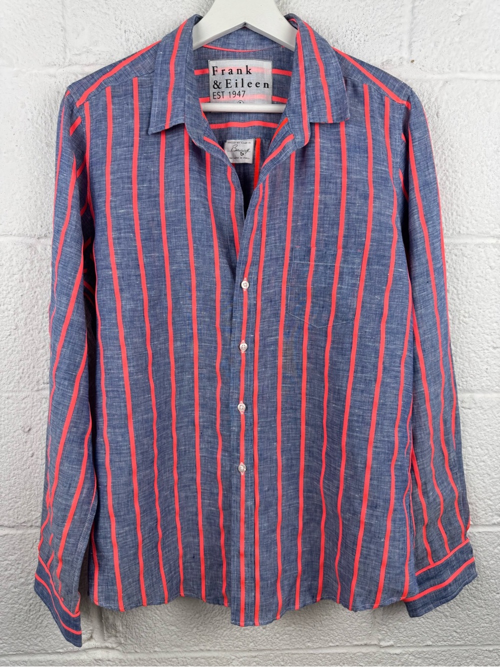 Frank & Eileen Barry Linen Blend Striped Button Down Shirt Blue Red L
